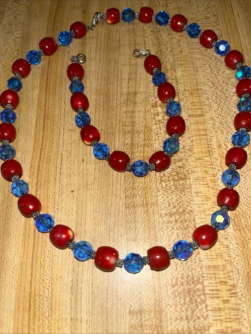 Red and Blue Beaded Necklace and Bracelet Set - Unbranded
